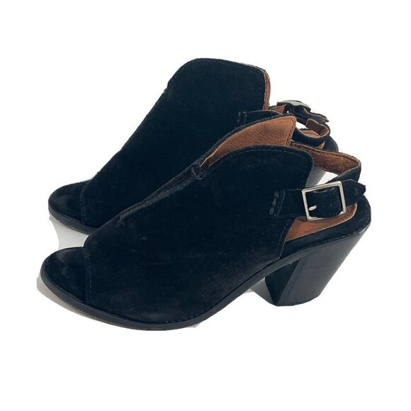 FRYE Courtney Black Suede Block Heel Open Toe Sandals Sling back Size 6.5 B - Picture 1 of 10